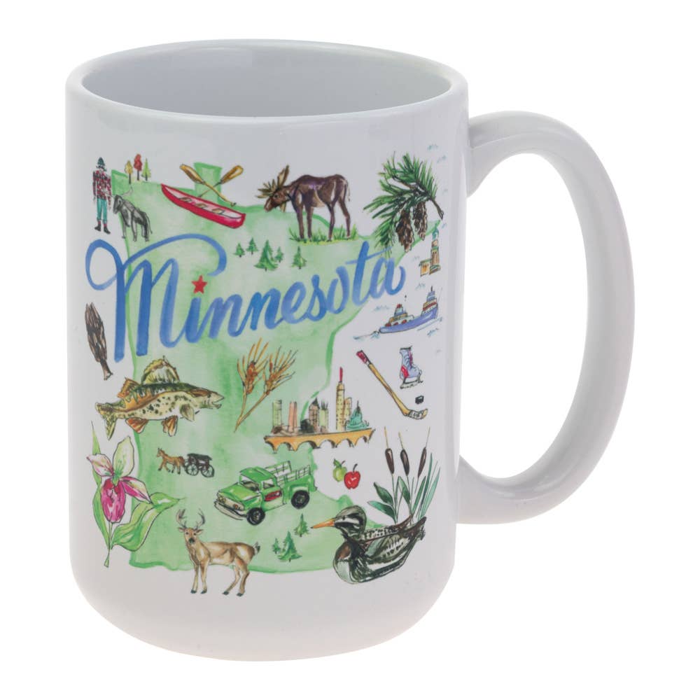 The "Minnesota" State and Iconic Symbols Mug (15oz) showcases colorful state symbols, wildlife, activities, and landmarks—an ideal vibrant mug for Minnesota enthusiasts.