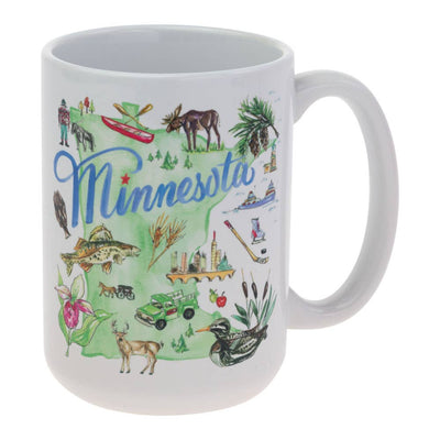 The 15oz "Minnesota" Coffee Mug features illustrated state landmarks, wildlife, outdoor activities, and Minnesota symbols, with "Minnesota" in script across the white ceramic design.