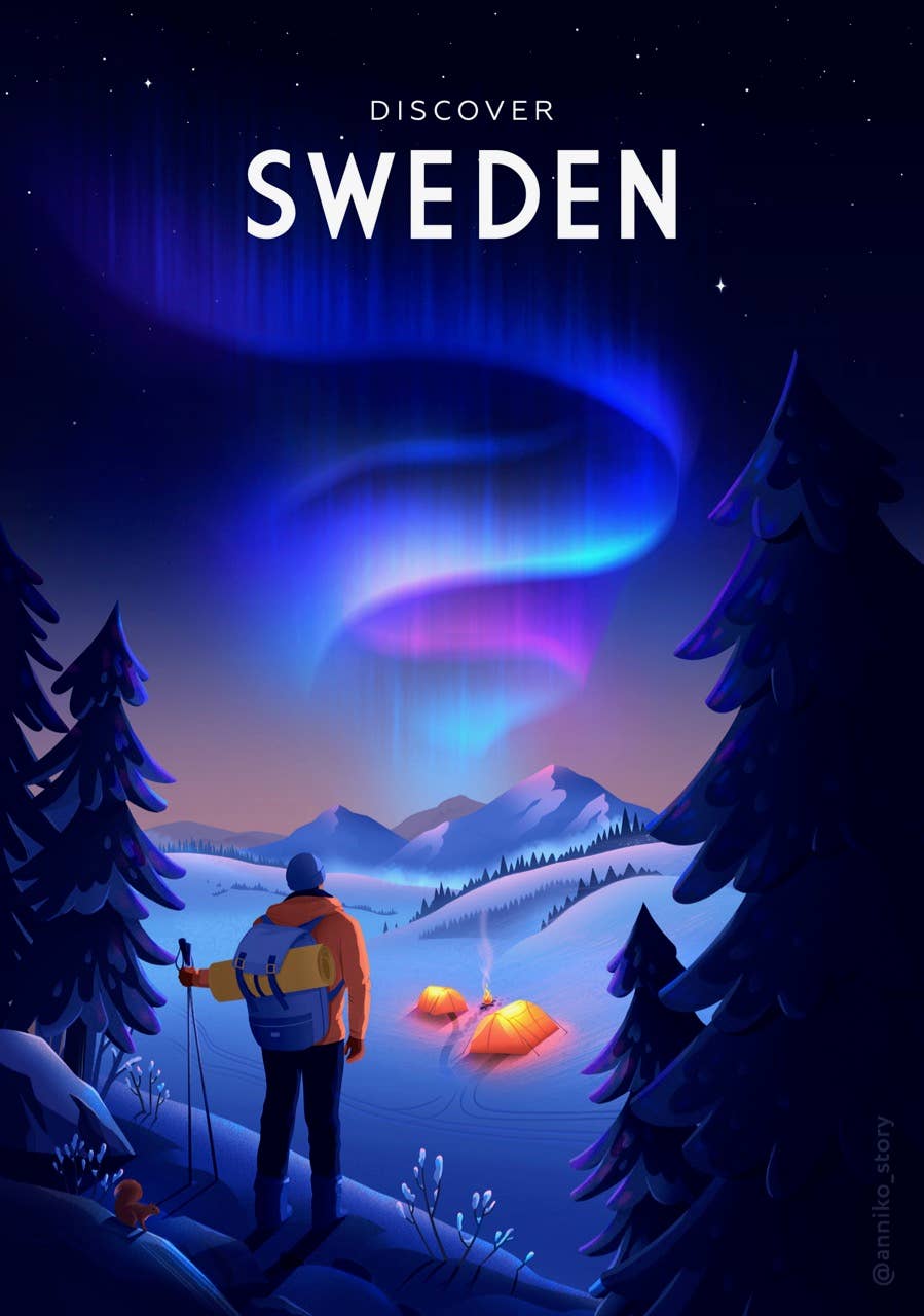 A person carrying a backpack is captivated by the northern lights illuminating snowy mountains and tents, surrounded by nature's beauty. This scene is titled: Poster: "Discover Sweden.