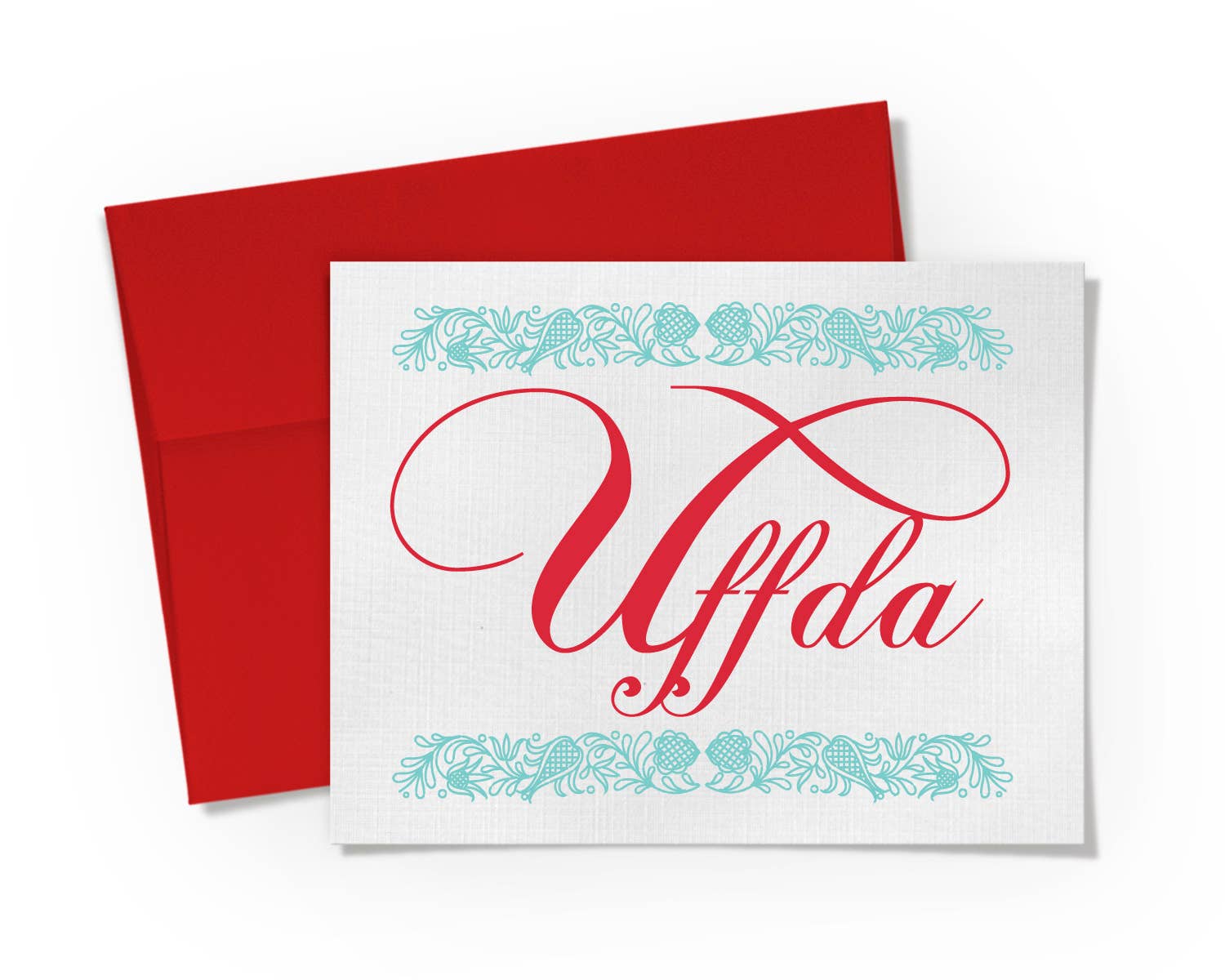 Introducing the "Uffda Floral Card": A greeting card featuring the word "Uffda" in elegant red script, beautifully framed by blue-green floral designs on premium linen texture card stock, all set against a pristine white background. This exquisite card comes complete with a matching red envelope and is thoughtfully protected by a biodegradable sleeve.