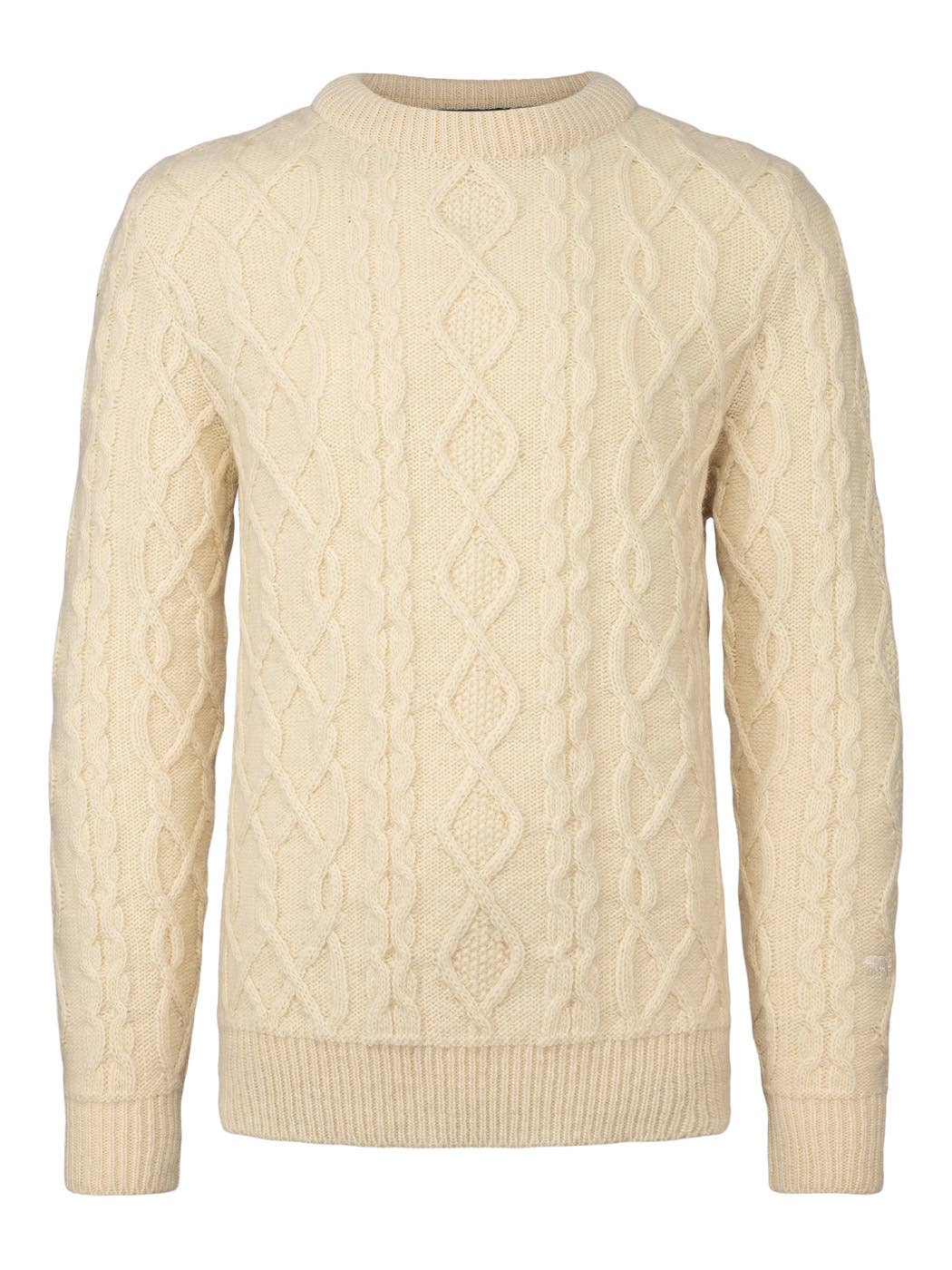 Cream/off-white Tórshavn Aran sweater featuring a cable knit design with a round neckline and long sleeves, reminiscent of a classic Aran style.