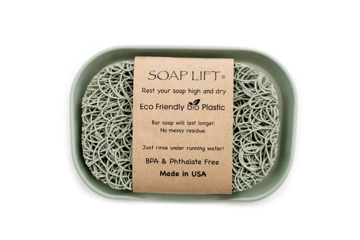 The Soap Dish & Lift: Waterfall Dish Set w/ Soap Saver, crafted in the USA from recyclable bio plastic, offers a green solution to keep your soap elevated, fresh, and long-lasting.