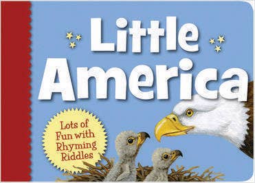 Cover of the book "Little America," showcasing an illustration of an eagle with two eaglets in a nest. The text proclaims: Engaging Rhyming Riddles, ideal for young readers discovering through a playful board book format.