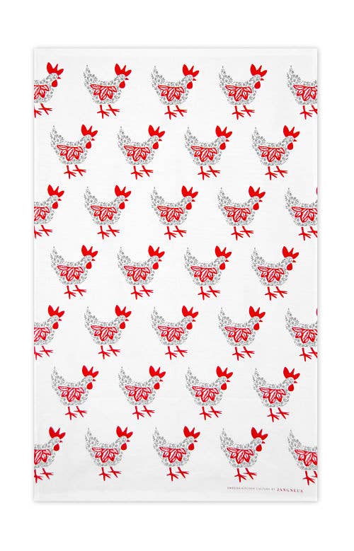 A charming addition to any kitchen, this Scandinavian-designed Hen Tea Towel features whimsical chickens with red accents on a white background and is crafted from high-quality cotton.