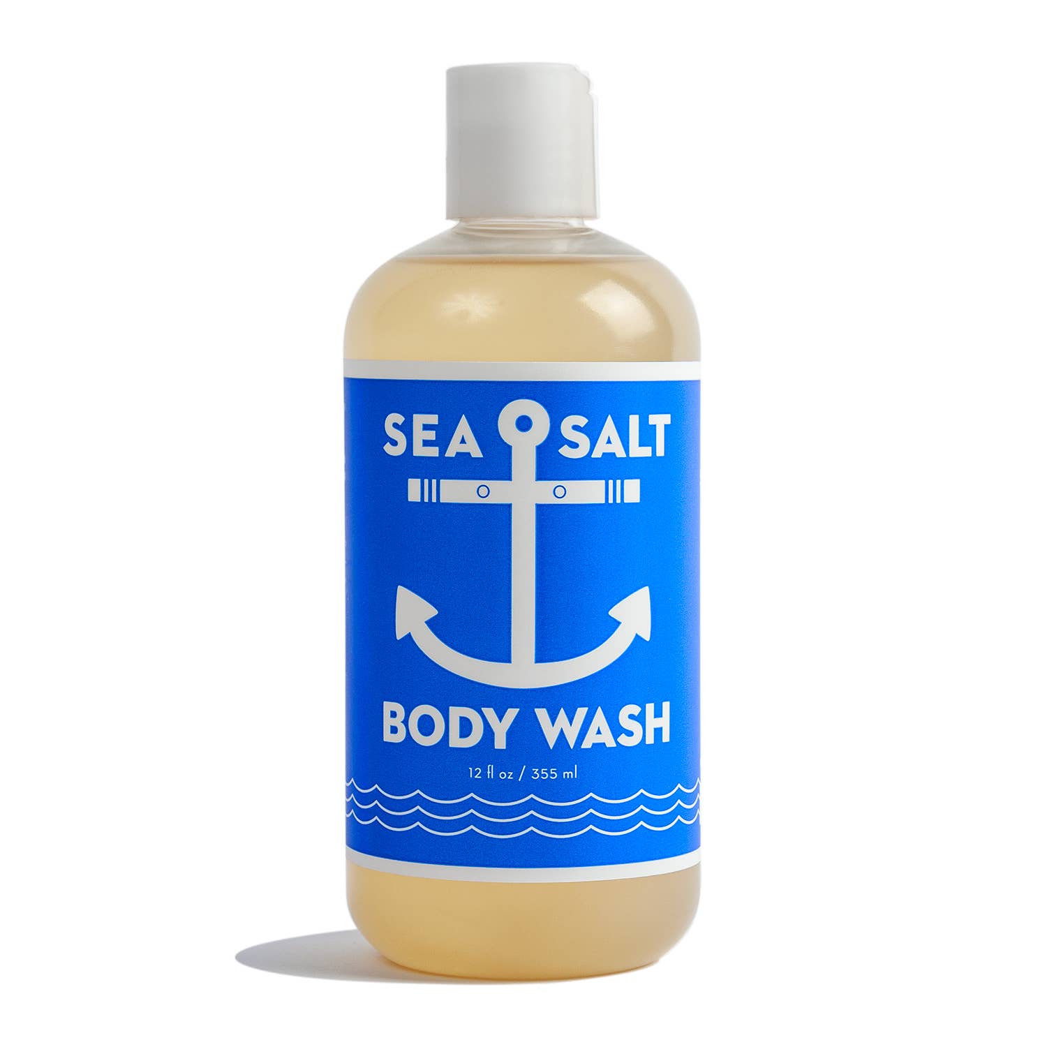 A bottle of Swedish Dream® Sea Salt Organic Body Wash with a blue label featuring an anchor design, enriched with Organic Aloe Vera Juice for soothing hydration.