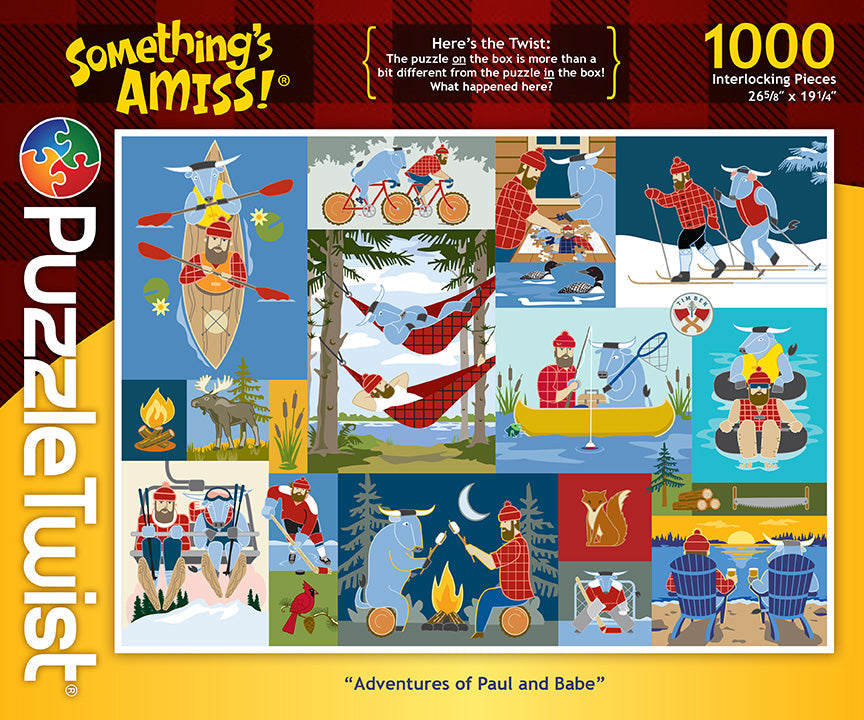 The PuzzleTwist: Adventures of Paul and Babe by Cindy Lindgren features a cover with outdoor scenes of people and animals partaking in activities like biking, fishing, camping, and skiing throughout Minnesota. This 1,000-piece jigsaw puzzle promises endless fun and adventure.