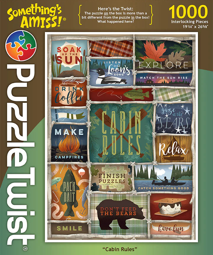 Explore surprising turns with the PuzzleTwist: Cabin Rules (1,000 Pieces) jigsaw puzzle. This puzzle set showcases captivating cabin-themed artwork and phrases such as "Soak Up the Sun" and "Drink Coffee," providing an enjoyable challenge for all puzzle fans.