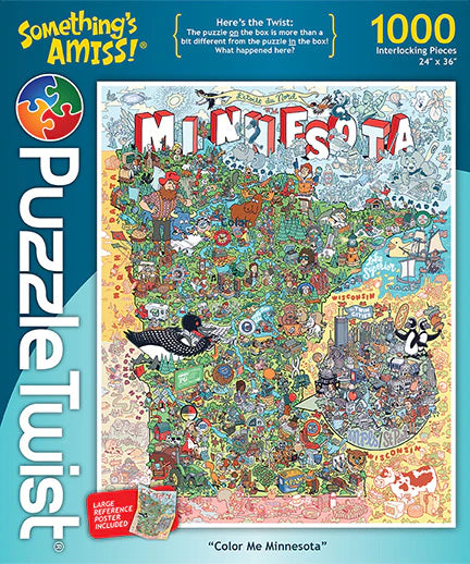 The PuzzleTwist: Color Me Minnesota box showcases Kevin Cannons vibrant illustration, highlighting 1,000 pieces with dimensions of 24 x 36.