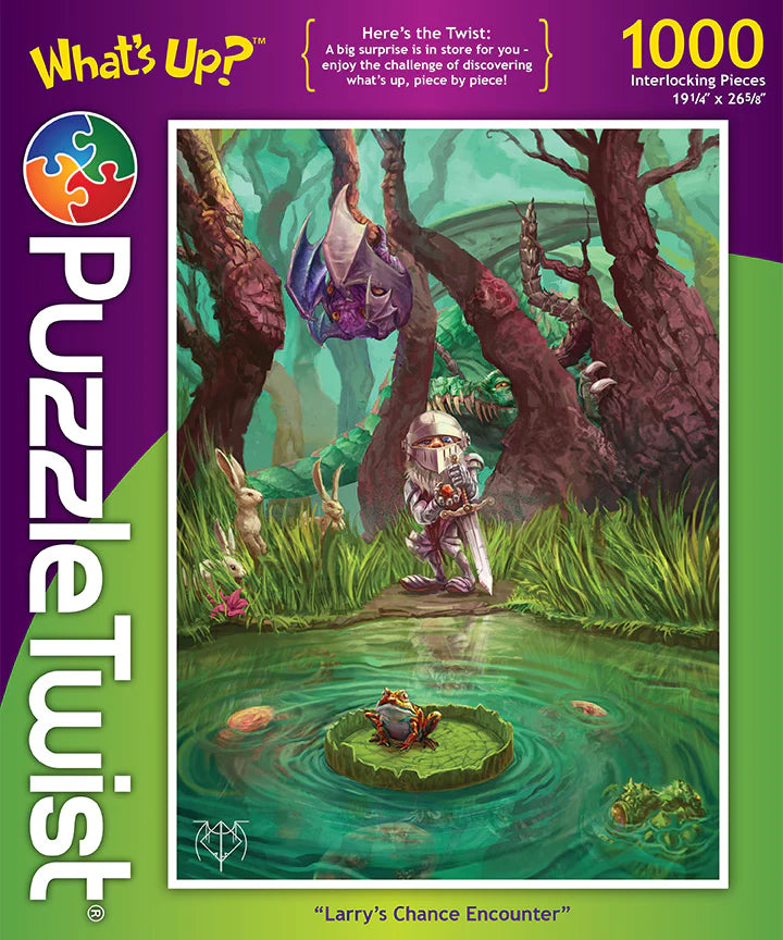 A knight watches a frog on a lily pad by a forest pond as a large insect hovers above, depicted on the box of PuzzleTwists Larry’s Chance Encounter 1000-piece jigsaw by artist Preston Stone.