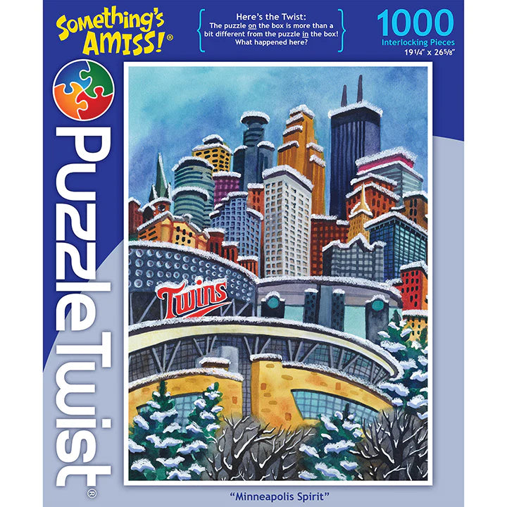 PuzzleTwists Minneapolis Spirit offers a vibrant 1,000-piece jigsaw puzzle with a Minneapolis skyline and Twins text, ensuring an engaging challenge.