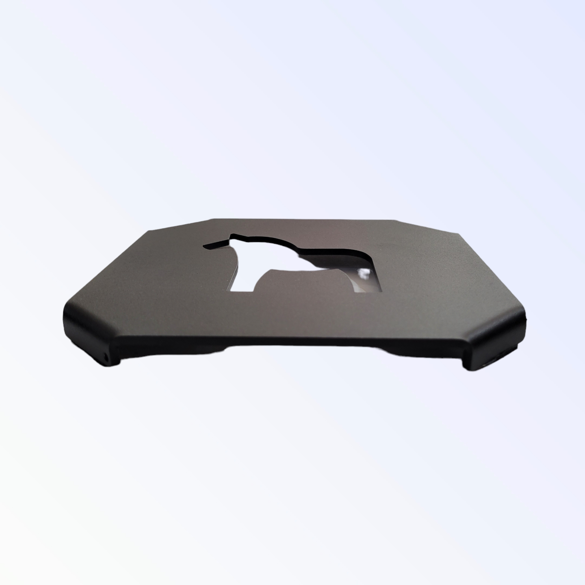 The black cast iron trivet showcases a cutout silhouette of a Swedish Dala Horse on a light gradient background.