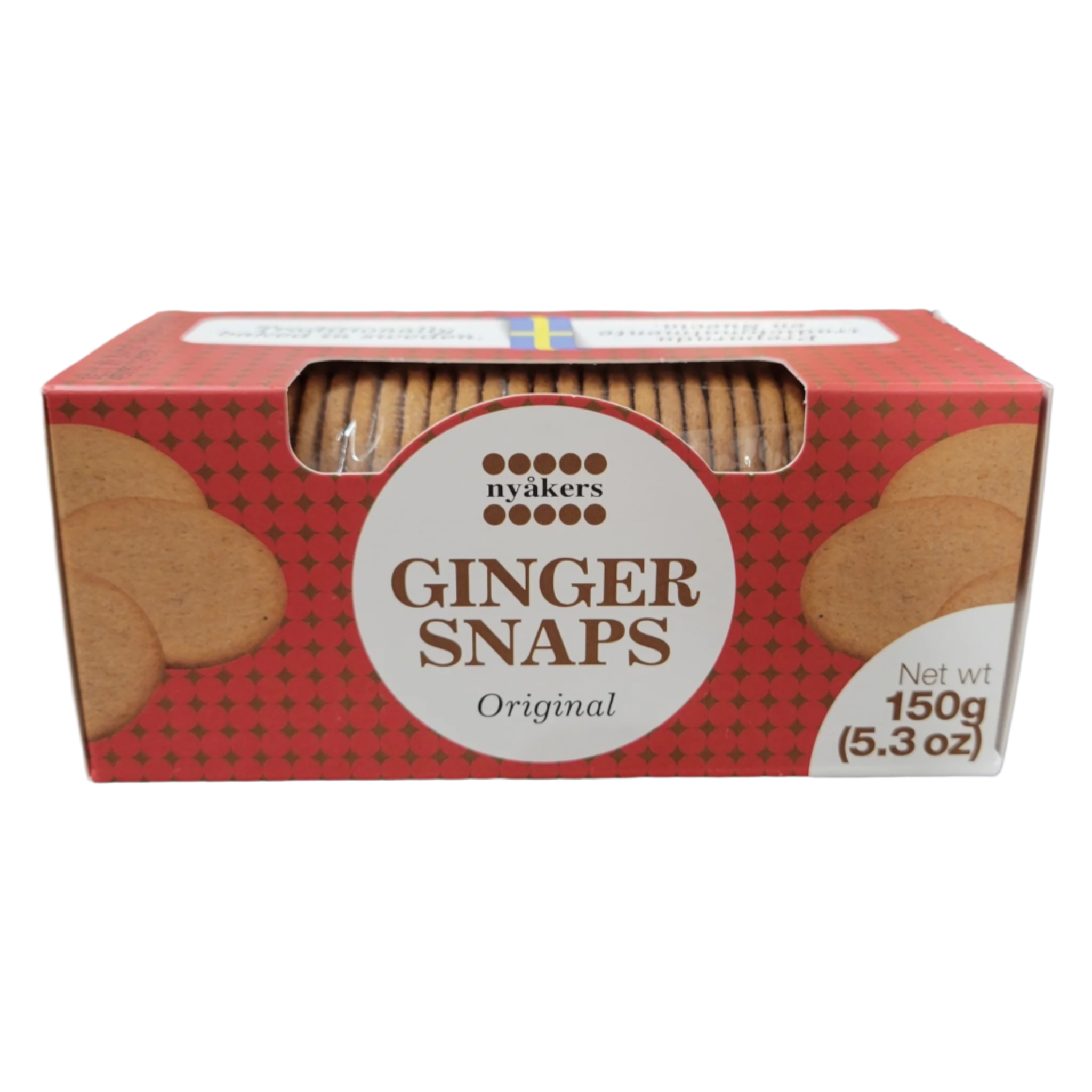 A 5.3oz box of Nyakers Peppar Kakor Gingerbread features Swedish ginger snaps, visible through a clear window, delivering crisp texture and authentic Scandinavian flavor.