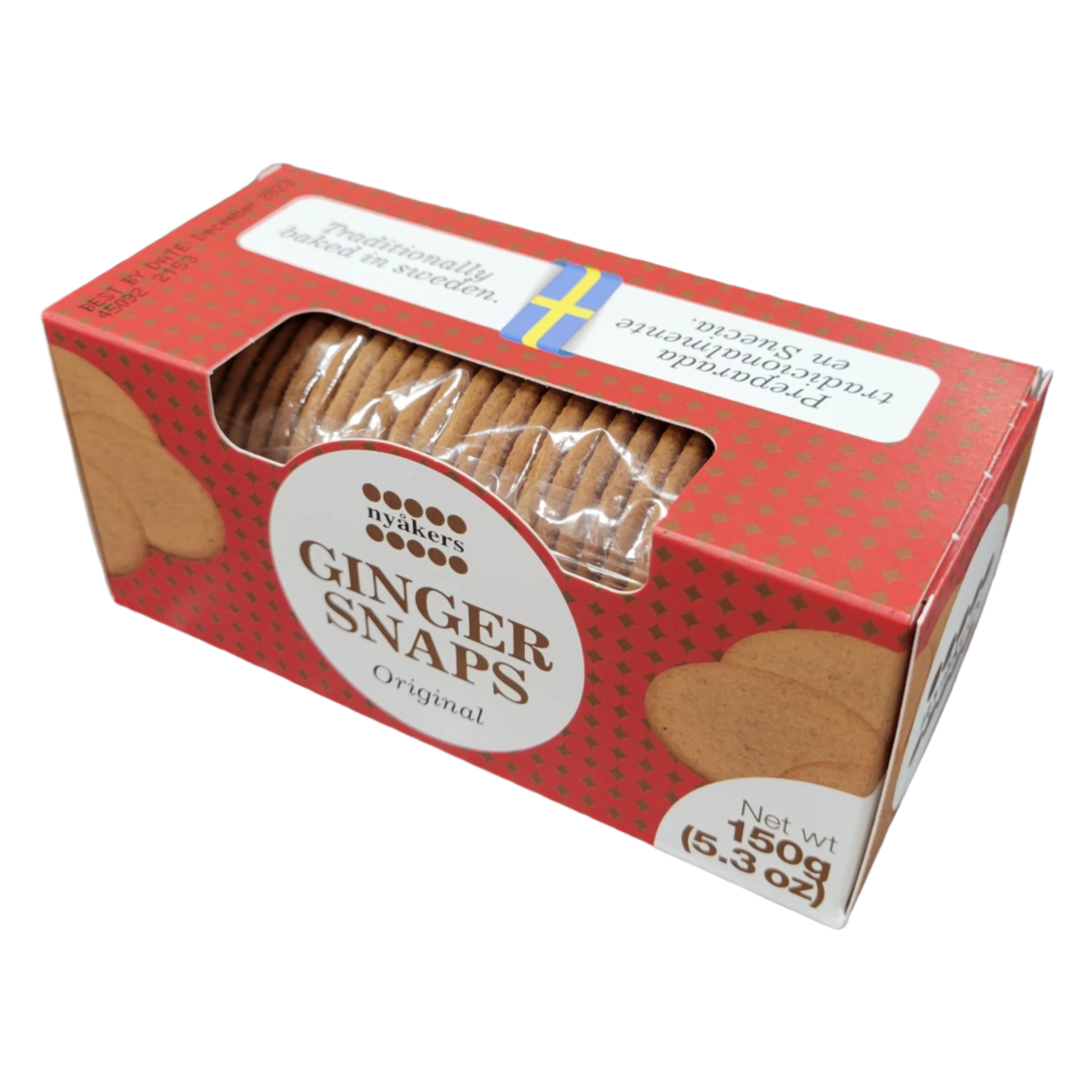 A red and white box of Nyakers Ginger Snaps Peppar Kakor Gingerbread (5.3oz) displays Swedish cookies with a crisp texture, visible through a clear window on the front.