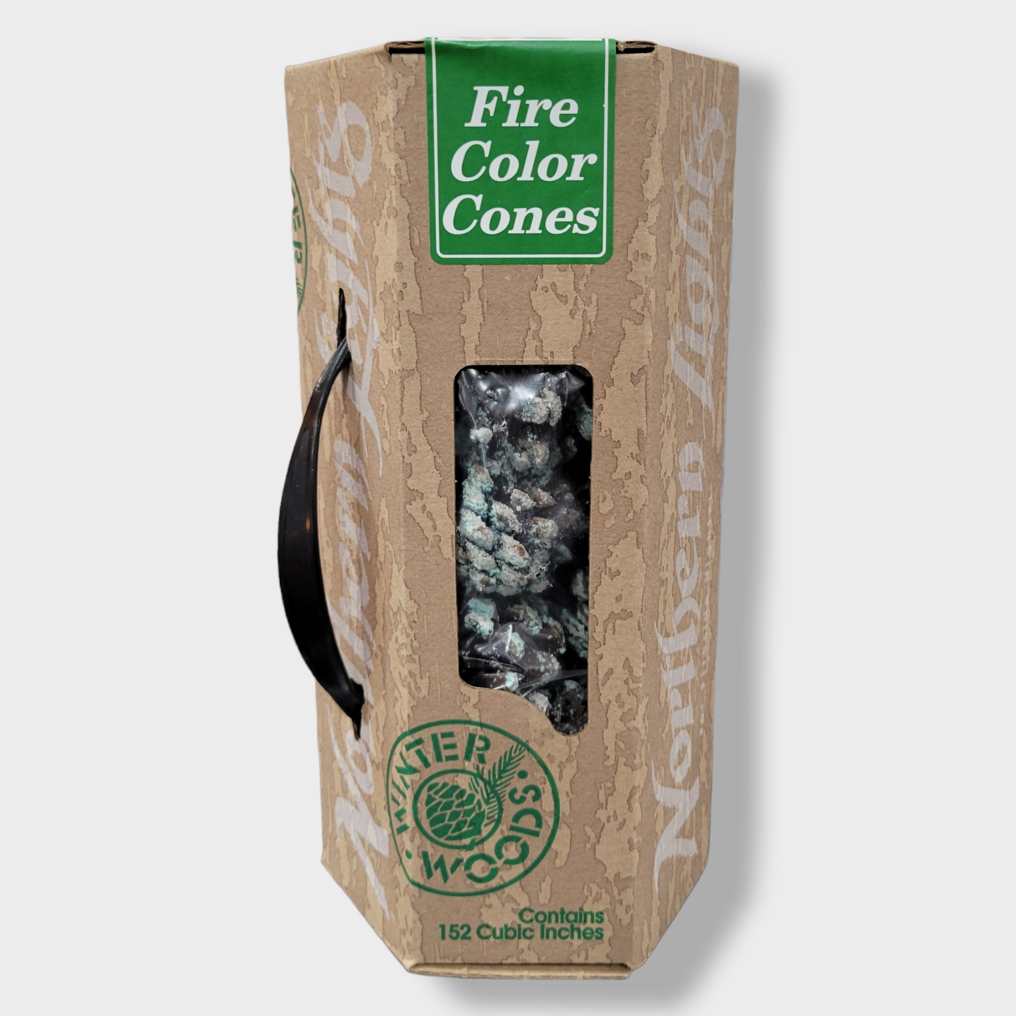 A cardboard package labeled Fire Color Cones: Northern Lights for Fireside Nights with a window displaying pine cones; perfect for the fireplace. Packaging states “Contains 152 cubic inches.”.