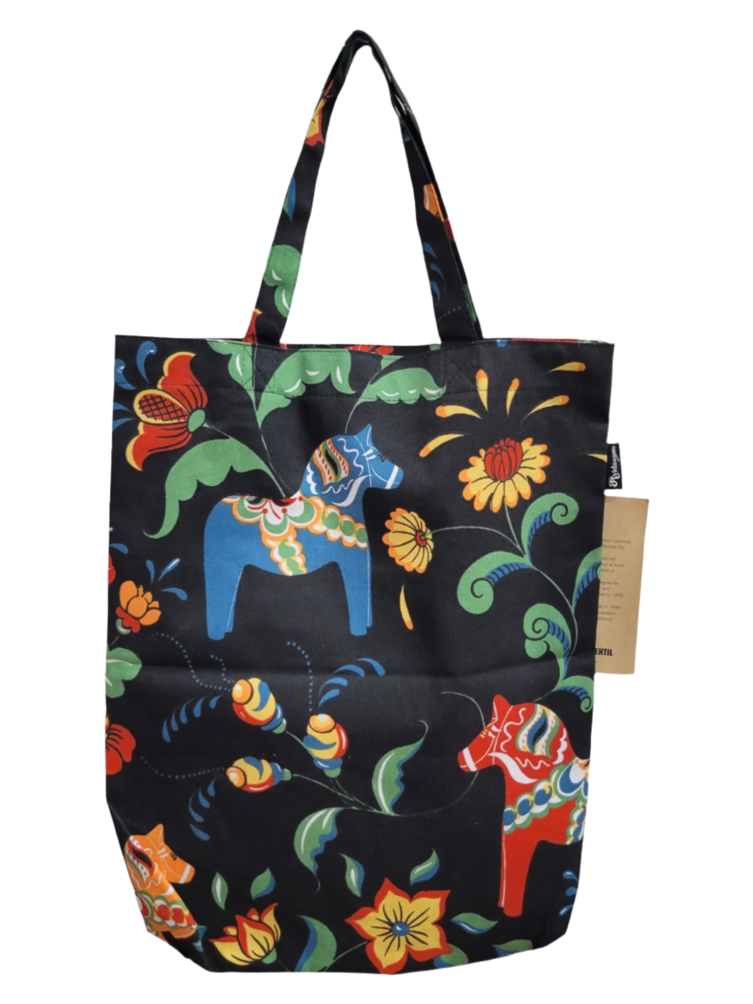 A black tote bag featuring a vibrant floral pattern with red, orange, and blue Swedish Dala Horses, capturing Scandinavian culture.