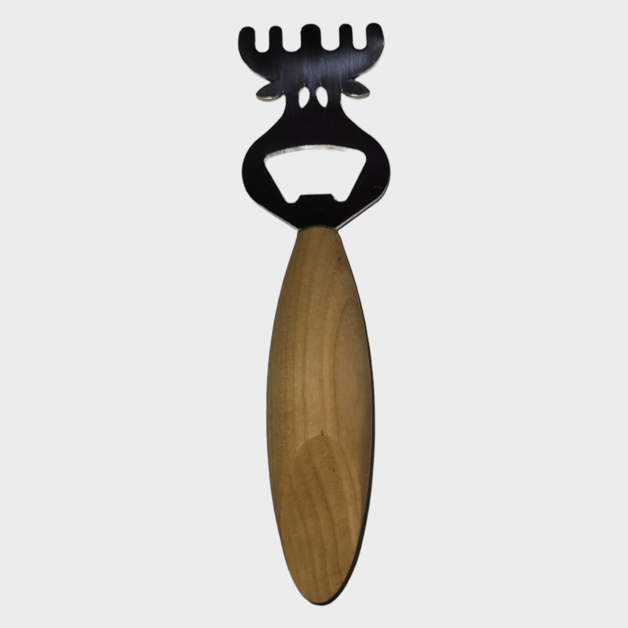 The Stainless Steel Moose Opener features a durable wood handle and a top elegantly shaped like a mooses head with antlers, set against a white background.