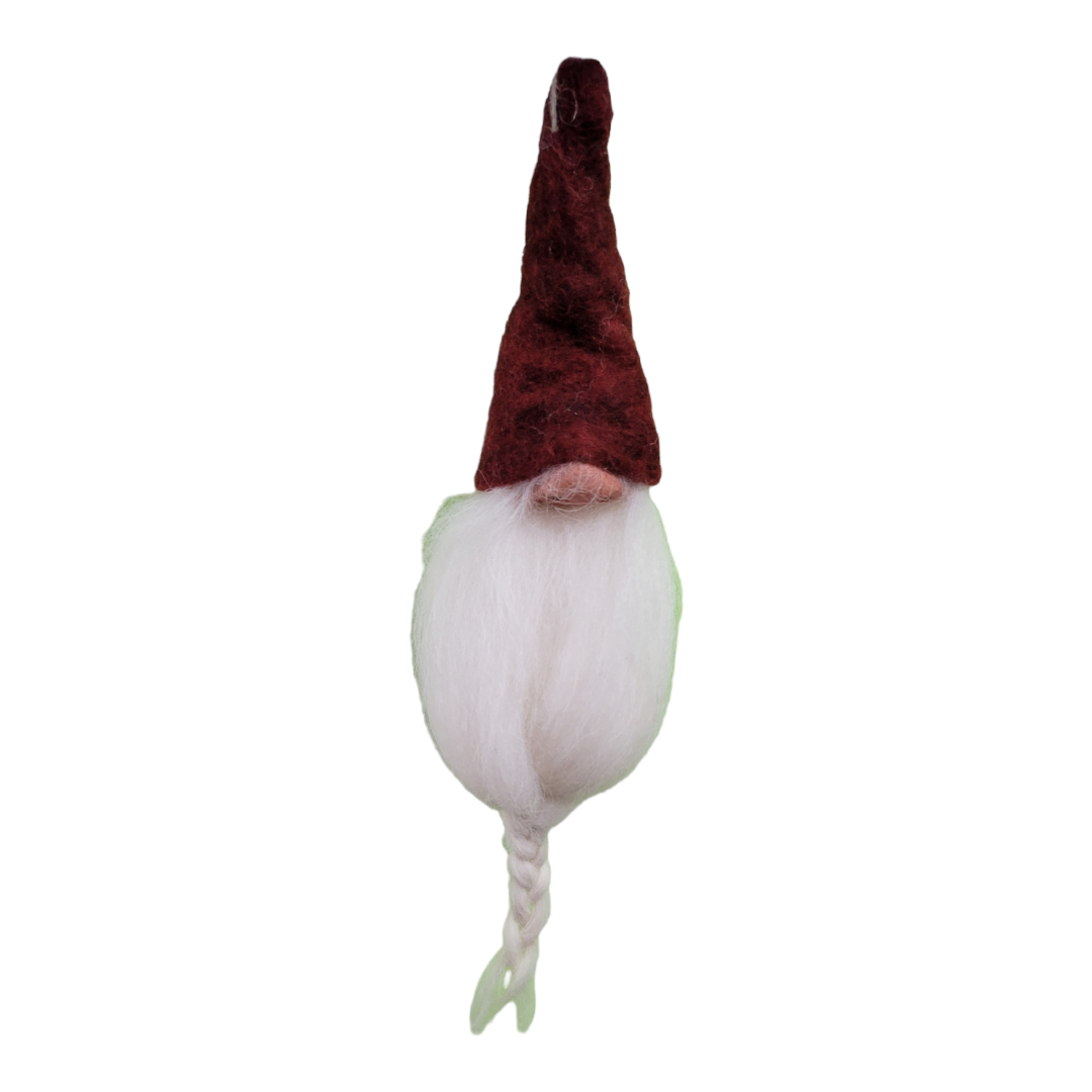 A bearded gnome featuring a braided beard and a tall, pointed red hat, similar to the enchanting Ornament: Gumselids Tomte Ornament.