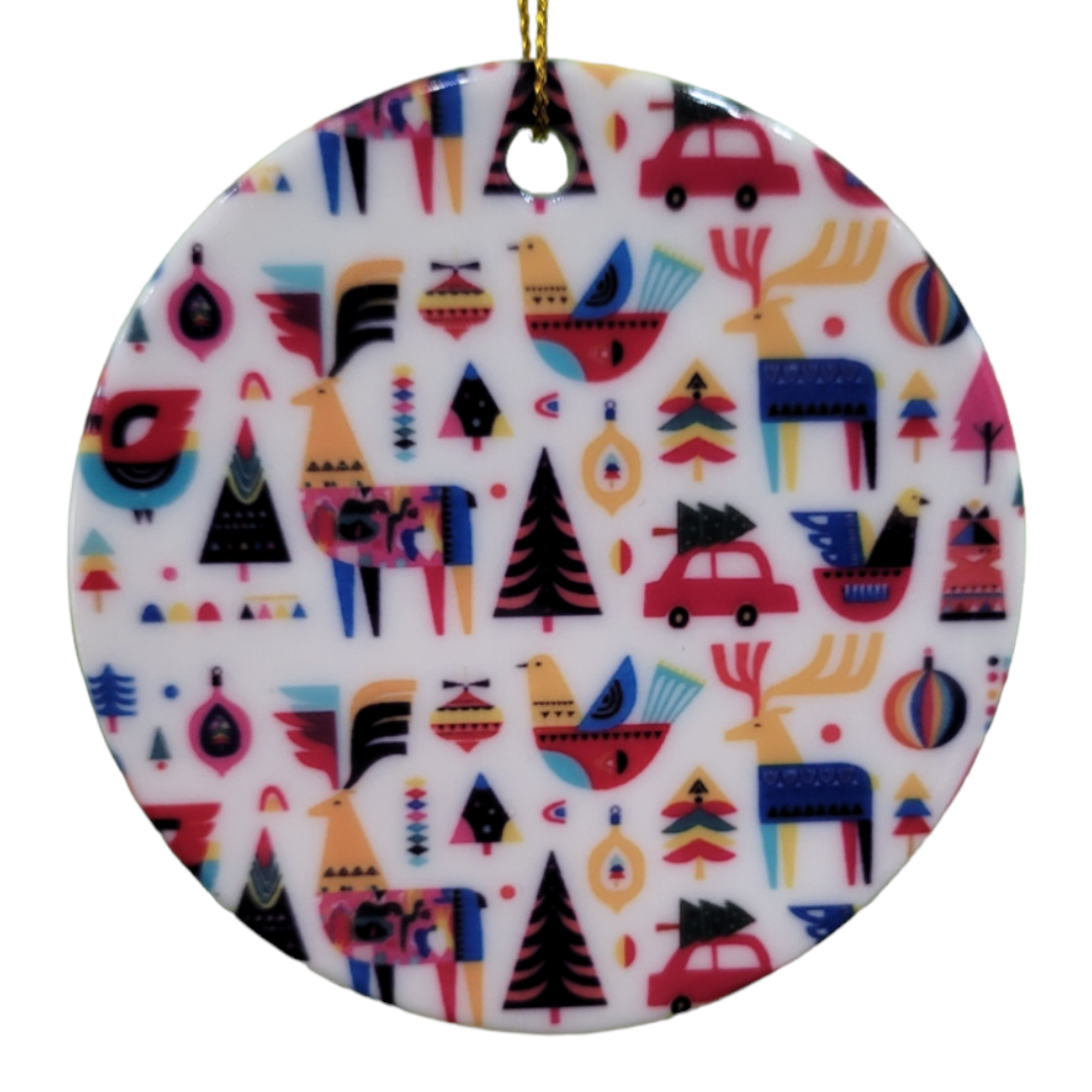 An ornament titled "Scandinavian Folk Style" that is round in shape and adorned with colorful abstract patterns, featuring birds, trees, and geometric shapes.