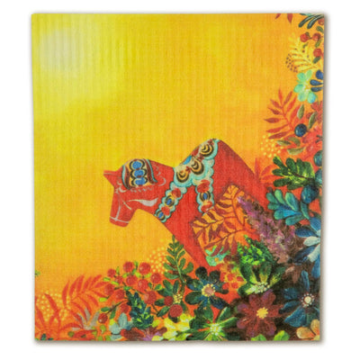 The Dish Cloth: Light of Grytnäs Dala Horse showcases a red horse with patterns, encircled by vivid flowers and leaves on a bright yellow backdrop, reminiscent of the vibrant designs typical of eco-friendly towels.