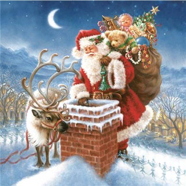 Santa with his reindeer by a snowy chimney, lantern in hand, mirrors the enchanting scene of European-quality Christmas paper napkins. The serene landscape embodies festive magic in exquisite 3-ply detail. Product: Napkins: Santa by the Chimney - Christmas Paper Napkins.