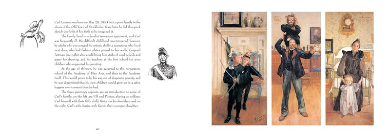 A spread from the book Home, Family, and Farm by Carl Larsson shows text with two small black-and-white sketches on the left page and three vertical watercolor paintings of a family with children by Carl Larsson on the right.