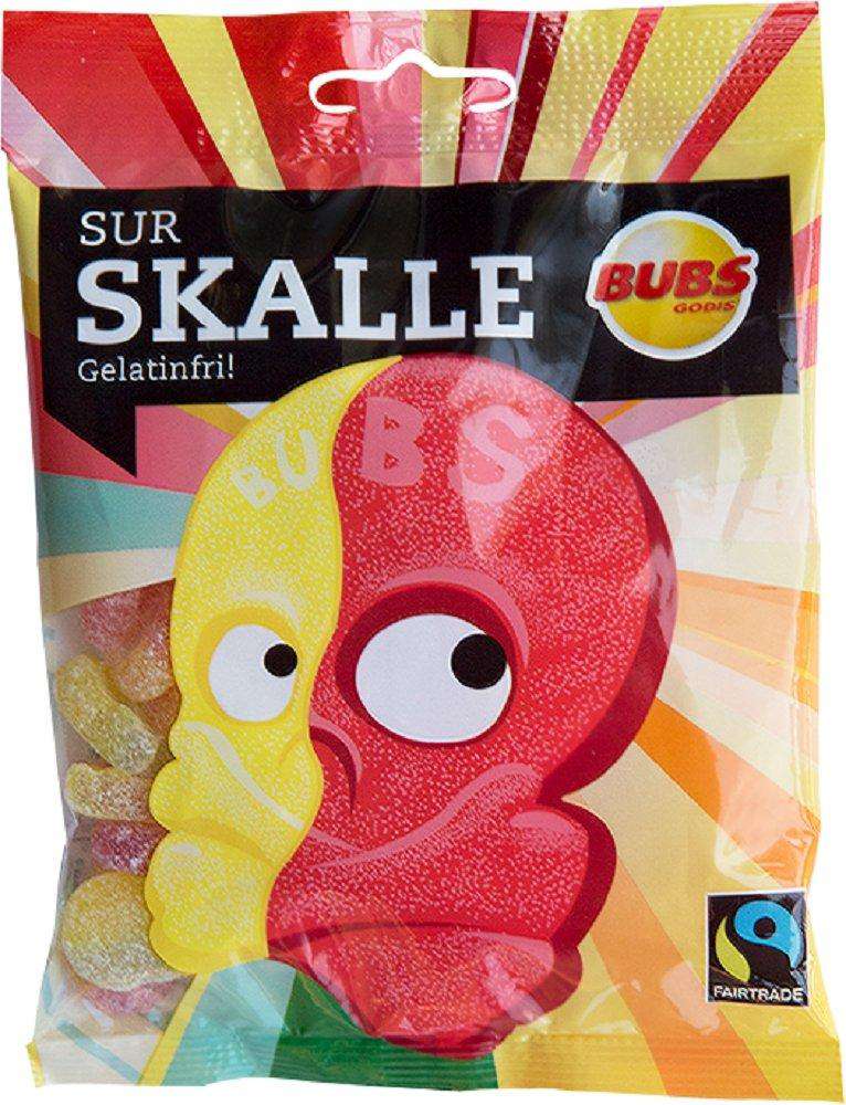 Bubs' Bag of Sour Citrus Skulls (90g) features a playful, colorful skull design on the packaging and provides a sour jelly candy experience that is both gelatin-free and Fairtrade certified.