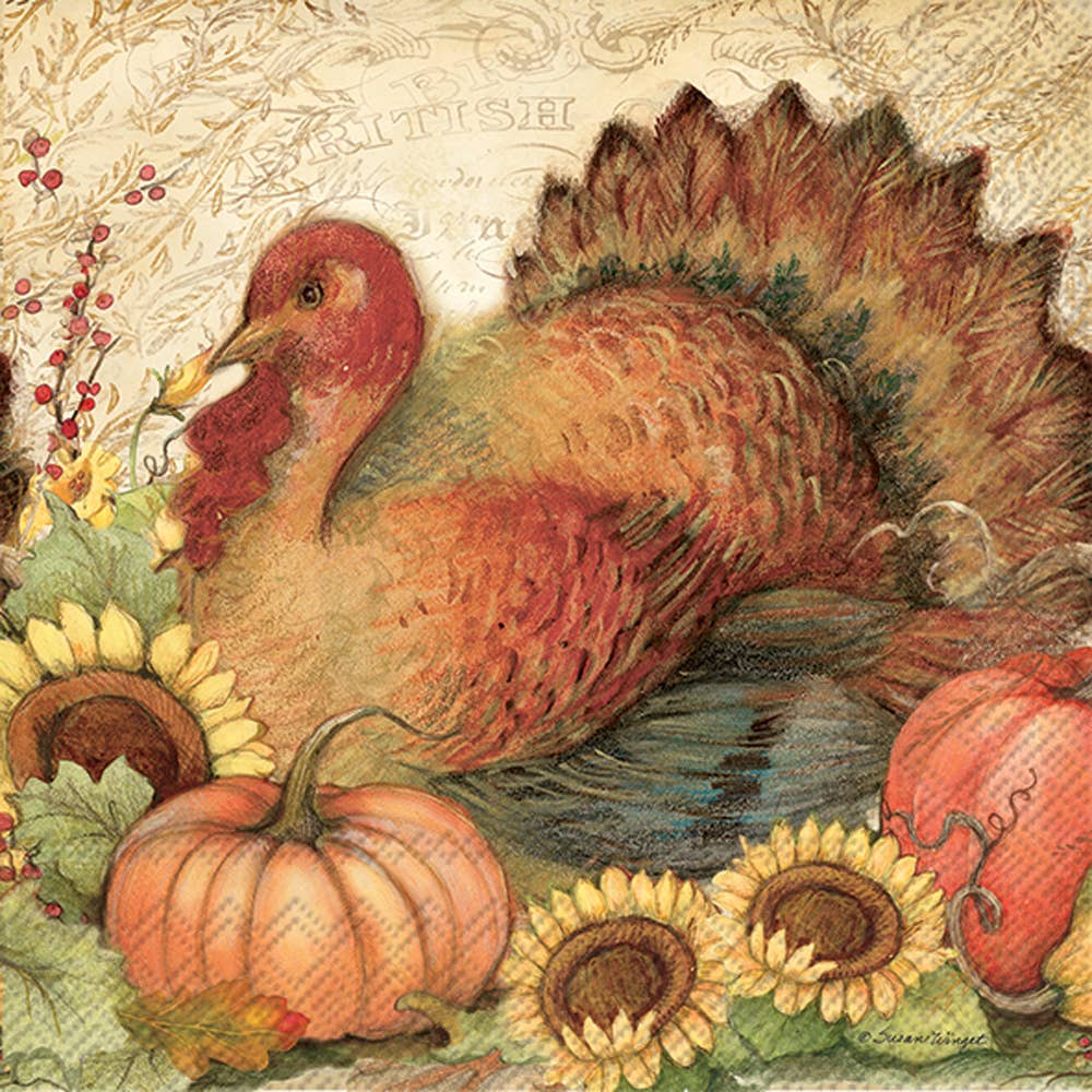 Napkins: Turkey Pumpkins & Sunflowers Fall - Thanksgiving Lunch Napkins (20 per pkg, 6.5"x6.5") feature a turkey with pumpkins, sunflowers, and berries on a textured background—ideal for festive fall or Thanksgiving celebrations.