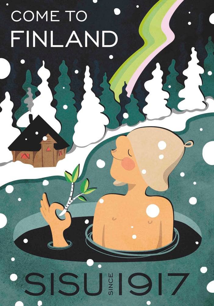 The 50 x 70 cm "Sisu Since 1917 - Come to Finland" poster features an illustration of a person in icy water holding onto a branch, amidst snowy trees and a house under the enchanting Northern Lights, printed on FSC-certified matte paper.