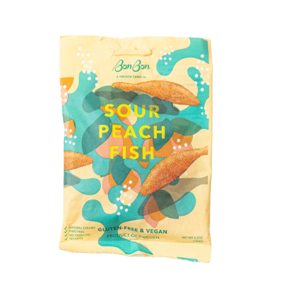 A 150g bag of BonBon Sour Peach Fish Swedish Candy, gluten-free and vegan, in colorful abstract packaging with peach-shaped candy images.