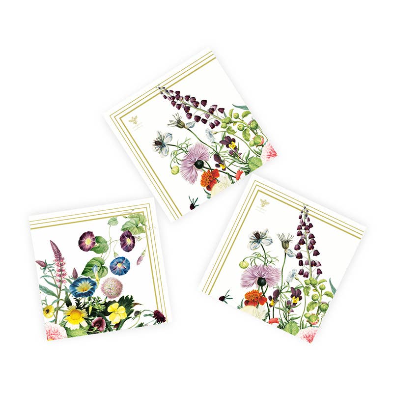 The A Flower Garden by Jim Lyngvild Koustrupco napkins feature three floral-themed designs with colorful illustrations of flowers and green leaves on eco-friendly FSC paper, set against a white backdrop.