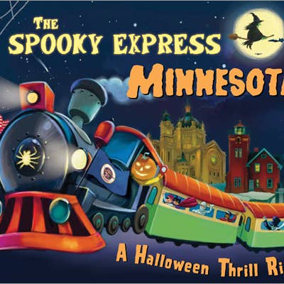 Illustration of the Spooky Express Minnesota train, from Book: Spooky Express Minnesota by Eric James and Marcin Piwowarski, racing through a moonlit town with a witch silhouette and pumpkins—ideal for Halloween children's book fans.