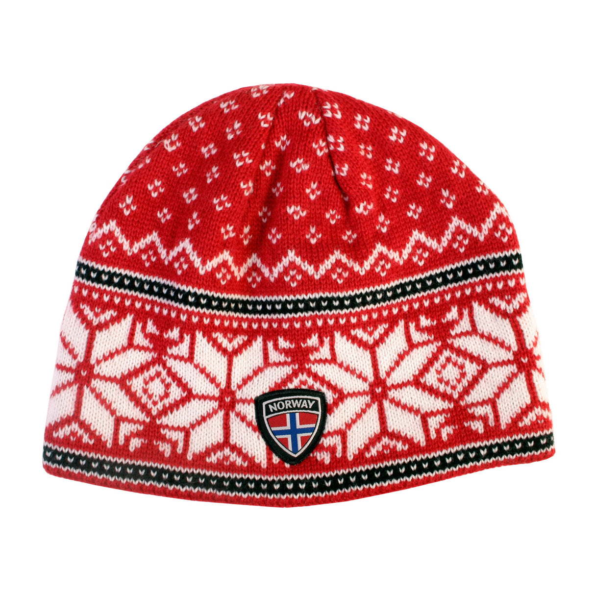 Rock a Norwegian winter look with the Rock Expedition Red Acrylic Knit Hat, featuring white star patterns and proudly adorned with a shield emblem displaying the Norway flag.