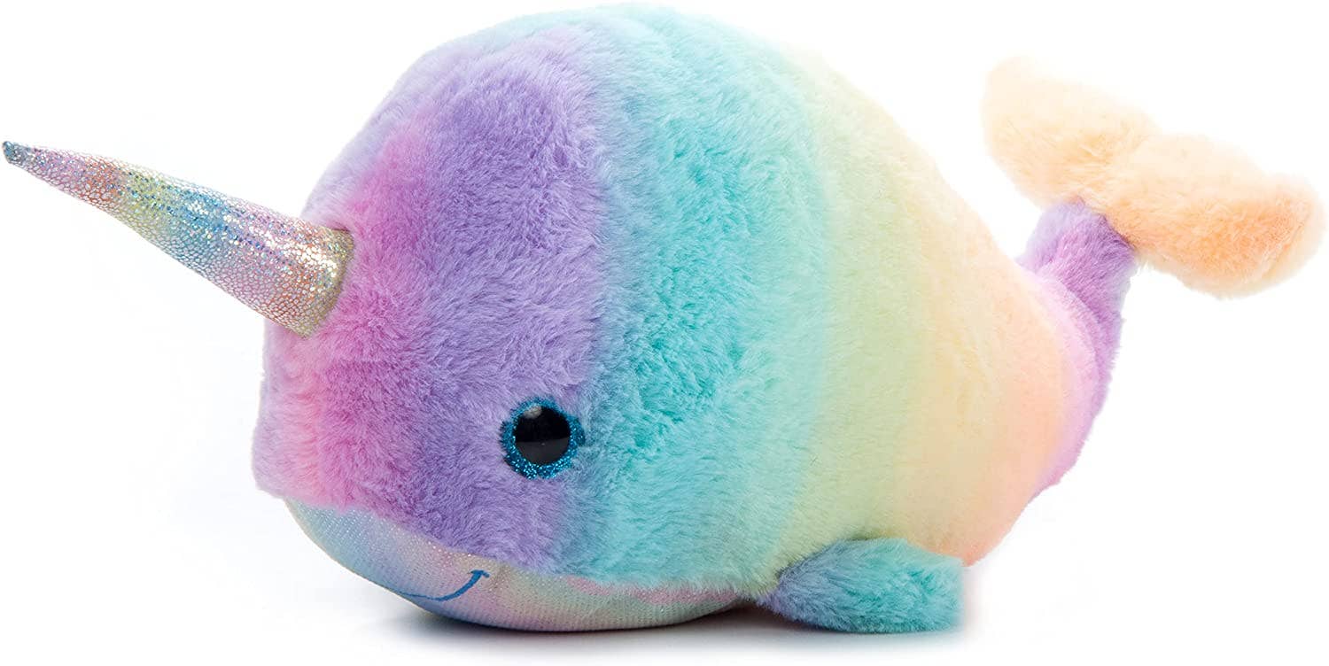 The Plush: Ombrez Narwhal Stuffed Animal is 15 long (nose to tail, horn is 4.5), with a rainbow pastel body, glittery horn, and smiling face—crafted from soft fabric made using recycled water bottles.