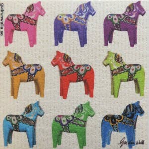 Dish Cloth: 9 Dala Horses Multi Colored
