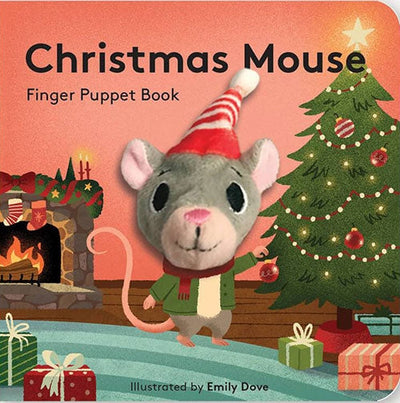 Cover of the *Christmas Mouse* finger puppet board book, showcasing an illustrated mouse wearing a Santa hat next to a Christmas tree and a cozy fireplace.