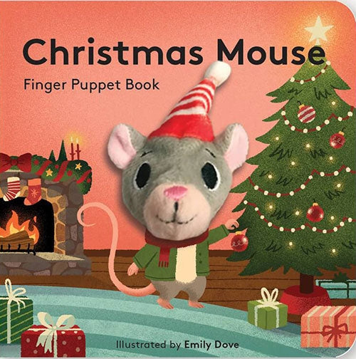 Cover of the *Christmas Mouse* finger puppet board book, showcasing an illustrated mouse wearing a Santa hat next to a Christmas tree and a cozy fireplace.