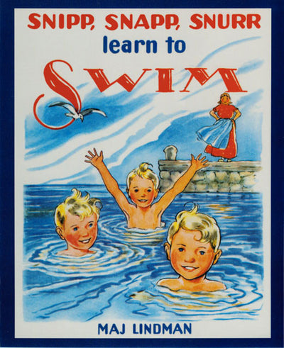 Cover illustration of the children's book "Book: Snipp, Snapp, Snurr Learn to Swim," depicting three cheerful children honing their swimming abilities as an adult observes from a dock.