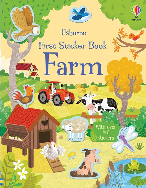 The cover of Activity Book: First Sticker Book Farm - with 140 stickers! features charming illustrated animals, a tractor, and vibrant farm scenes, capturing the essence of farm life and promising an engaging rural adventure.
