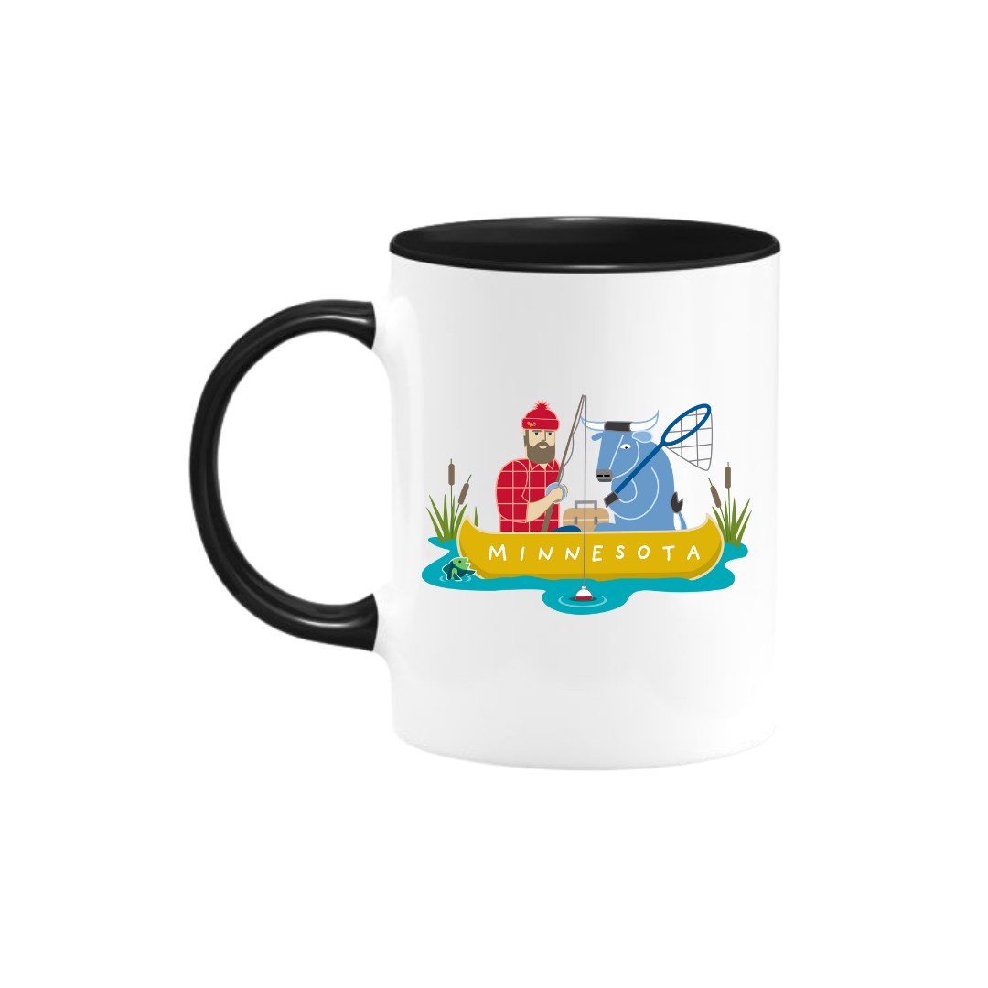 This ceramic mug, featuring artwork by Cindy Lindgren, depicts a person and a blue animal canoeing in Minnesota amidst water and reeds, encapsulating the spirit of fishing Paul Bunyan style. It's complete with a black handle for easy gripping.