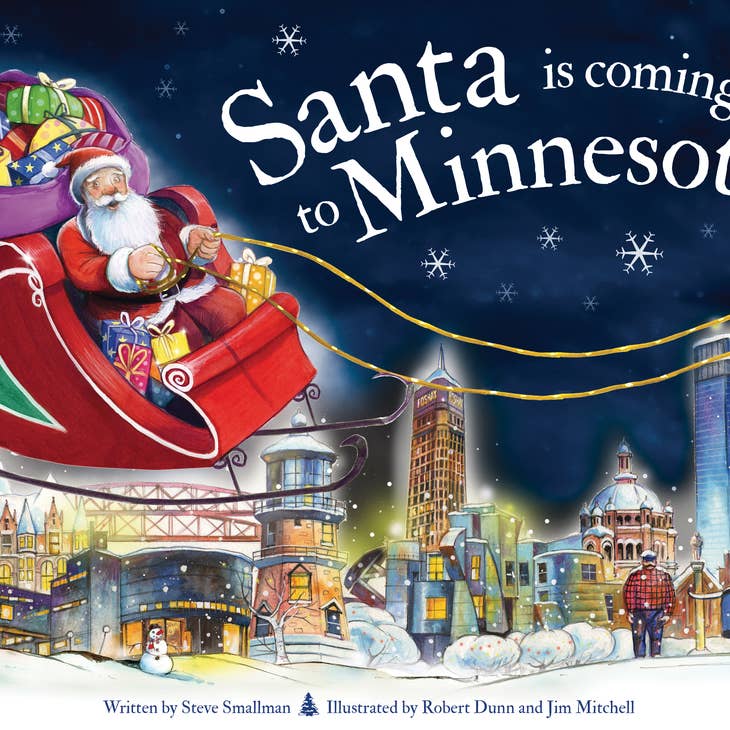 Santa Claus rides his sleigh over a snowy Minnesota city in "Santa is Coming to Minnesota" by Steve Smallman, the perfect children’s Christmas book set in the magical heart of a Minnesota winter.