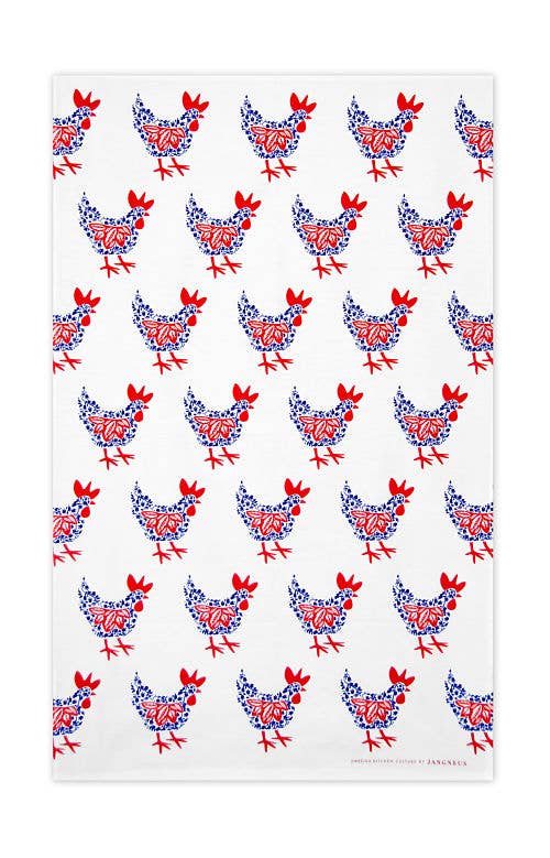 The Hen Tea Towel - Blue & Red features charming Scandinavian chickens with red combs and blue floral motifs, set against a white background, adding whimsical flair to your decor.