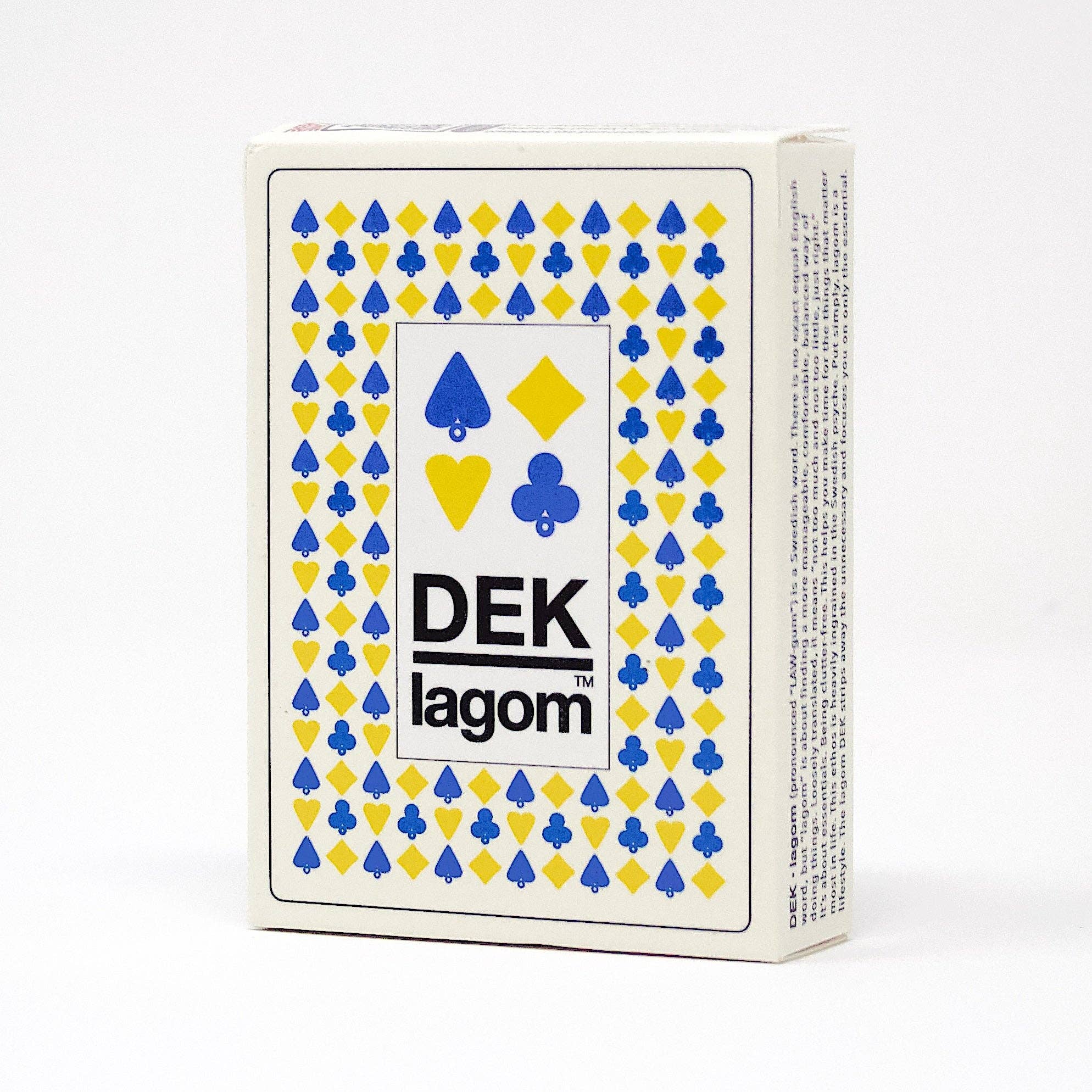 Encased in a white box adorned with blue and yellow suit symbols, the Playing Cards: DEK Lagom (Sweden) captures the spirit of balance. The name "DEK Lagom" printed on the front signifies a dedication to living in harmony.