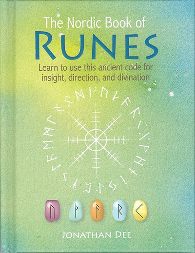 The cover of the Book: Nordic Book of Runes by Jonathan Dee showcases ancient predictive art with runic symbols and stones used for casting, set against a green gradient background.