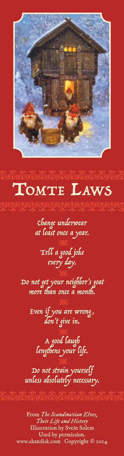 The Bookmark: Tomte Laws features an illustration by Svein Solem of two gnome-like figures next to a quaint wooden house, with amusing Tomte Laws printed on a red background—ideal for those who enjoy whimsy and charm.