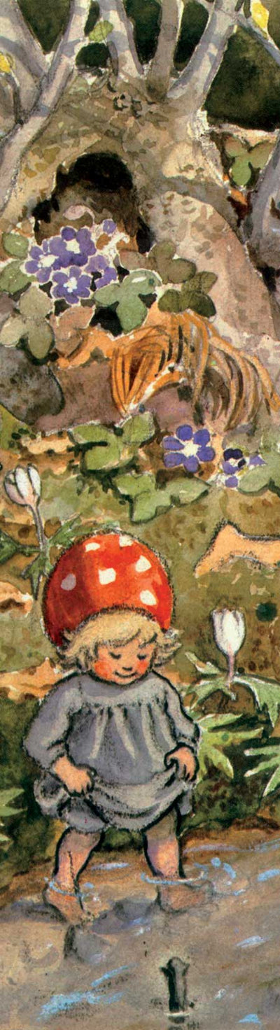 Illustration of a smiling child wearing a red mushroom cap, reminiscent of the *Bookmark: Elsa Beskow - Children of the Forest*, standing in a vibrant forest with flowers and plants, perfect for an enchanting bookmark.