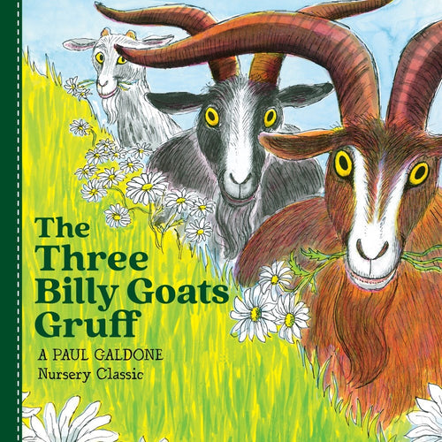 Illustration of three goats in a daisy field, with the title Book: Three Billy Goats Gruff A Nursery Classic (board book) Paul Galdone on the left.
