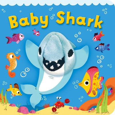 A vibrant children's book cover showcasing a plush shark finger puppet alongside an assortment of cartoon sea creatures, titled "Book: Baby Shark (Finger Puppet Book)," designed to inspire interactive play.