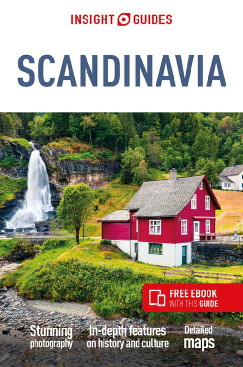 The cover of the book "Insight Guides Scandinavia" features a captivating red house located near a waterfall, captured with breathtaking photography. This travel guide to Scandinavia provides comprehensive features and detailed maps, ideal for exploring enchanting Scandinavian locations.