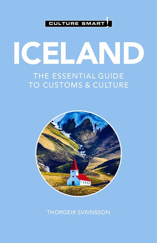 A book cover for "Iceland The Essential Guide to Customs & Culture Culture Smart" by Thorgeir Sveinsson, featuring an image of a small red-roofed church set against a scenic mountainous background, invites readers to delve into Nordic culture and the mesmerizing allure of Icelandic travel.