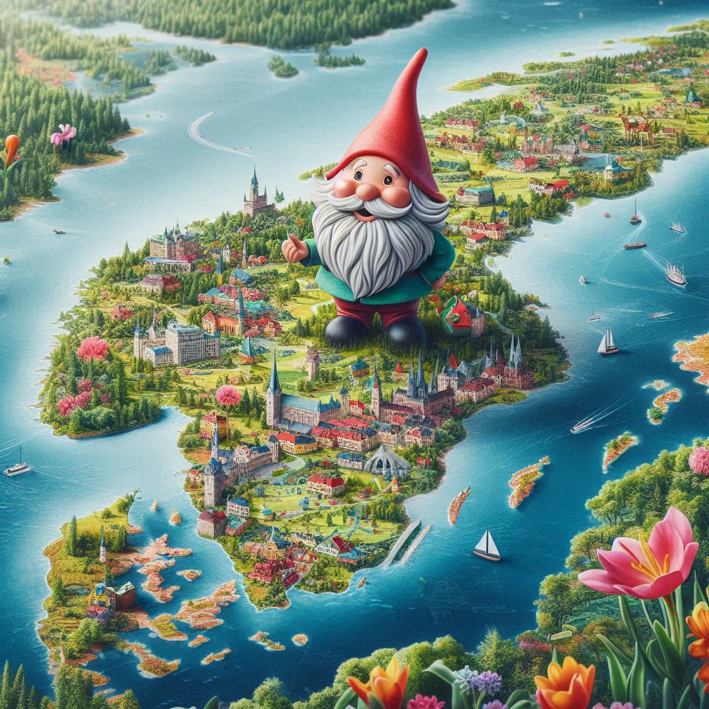 A gnome on an illustrated map of Sweden